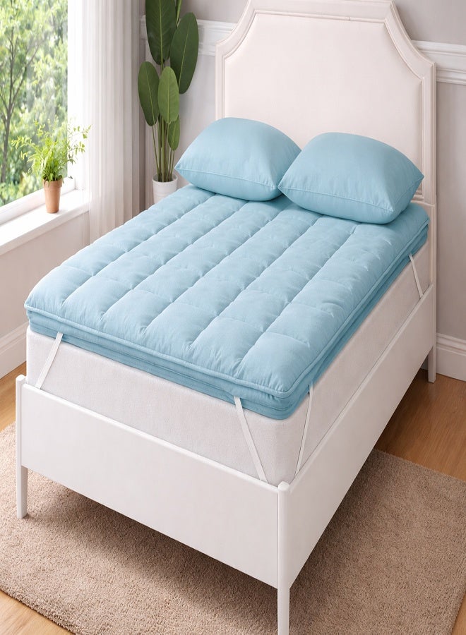 DORMICO Microfiber Mattress Topper 5cm Thick 150x200 cm Queen Size Quilted Bed Topper with Elastic Straps Sky Blue - Image 1